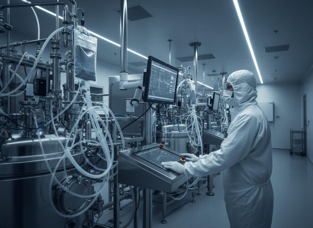 Technical professional in a modern bioprocess manufacturing environment.